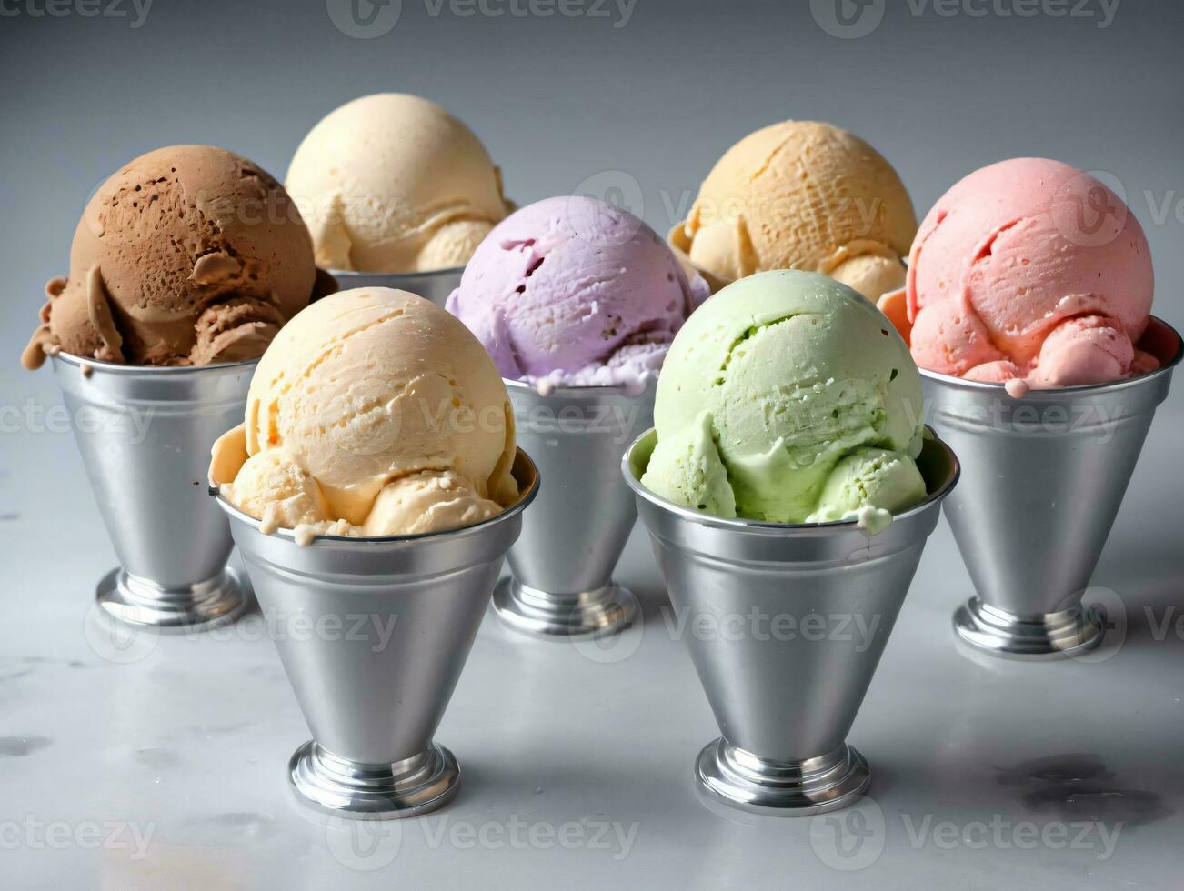 A Group Of Ice Cream Cones Sitting On Top Of A Table. AI Generated photo
