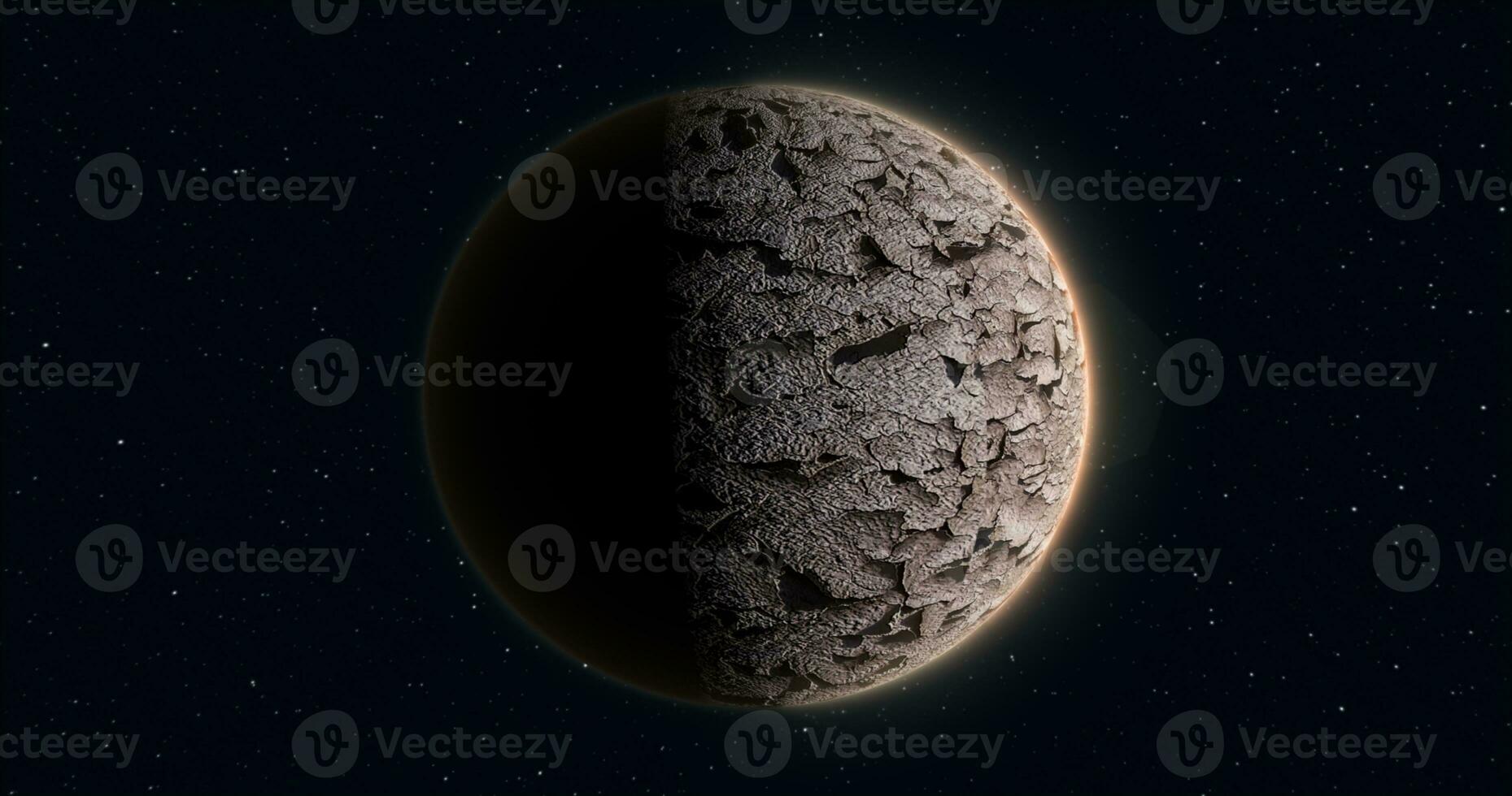 Abstract realistic space planet round sphere with a stone relief surface in space against the background of stars photo