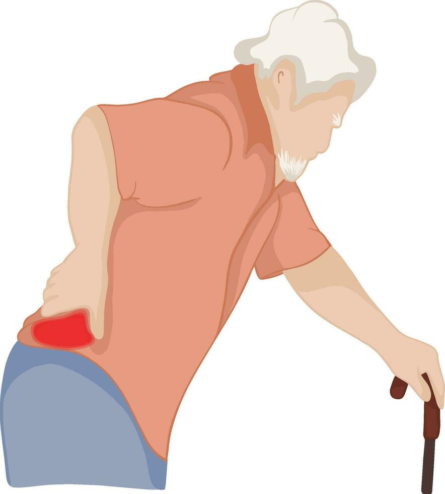 Cartoon drawing of an elderly man with back pain while standing.vector illustration. vector