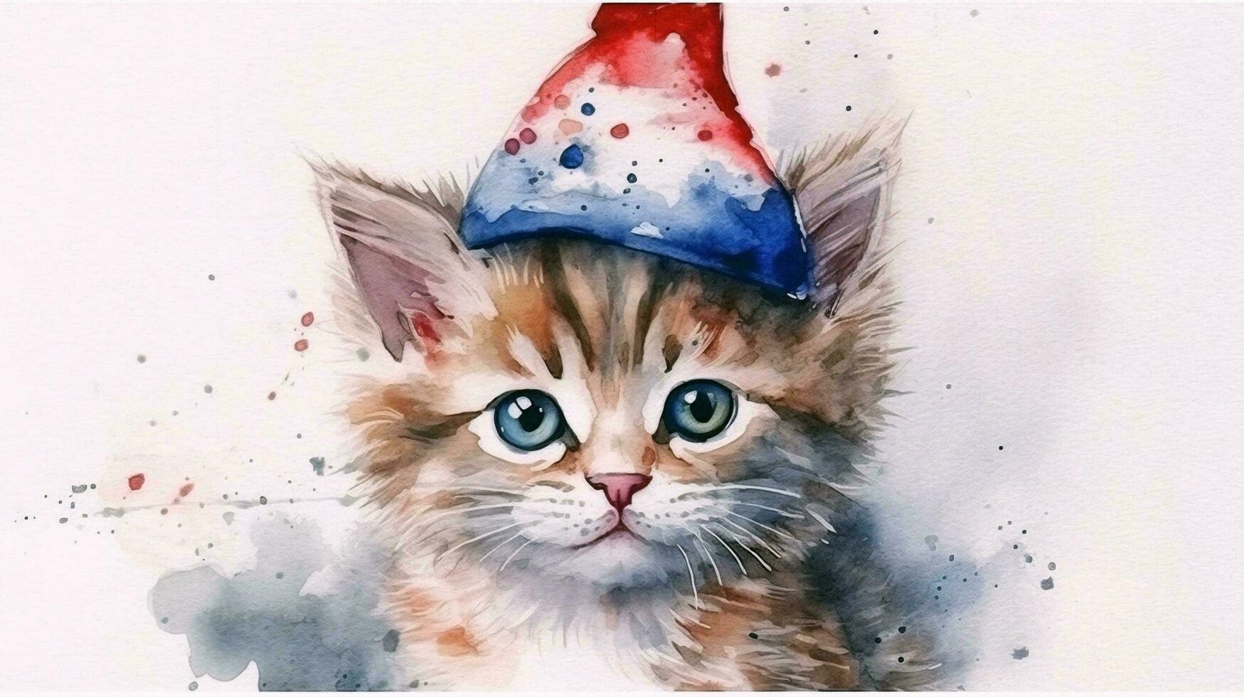 un pequeño gatito se sienta en un sombrero el color de el americano bandera. concepto tarjeta postal con un gato para Estados Unidos independencia día. ai generado foto