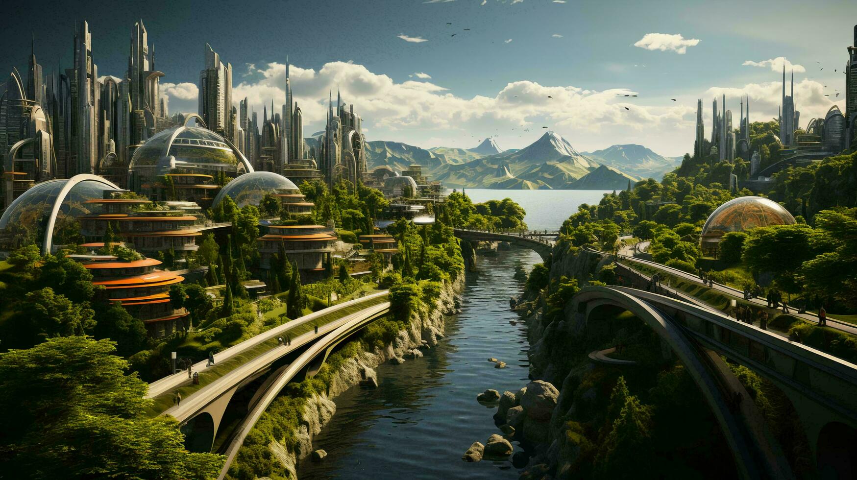 Green environmentally friendly city of the future with many green plants and alternative energy photo