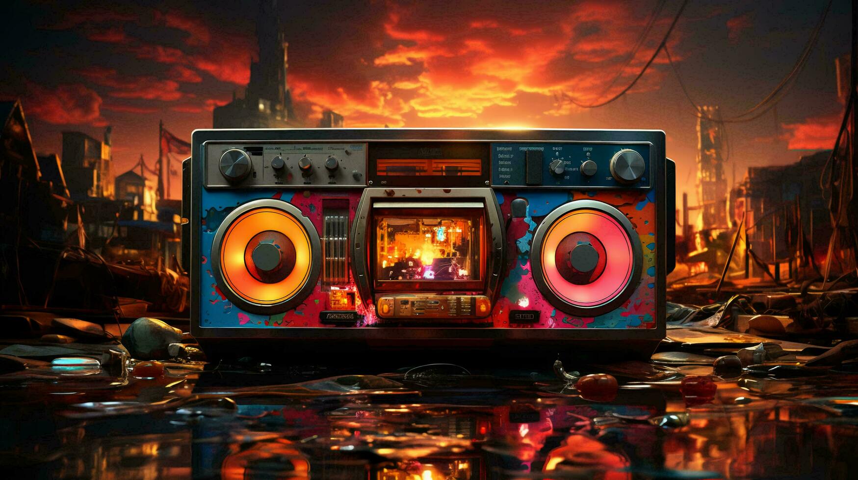 Old stylish vintage audio retro music cassette tape recorder poster from the 80s 90s photo