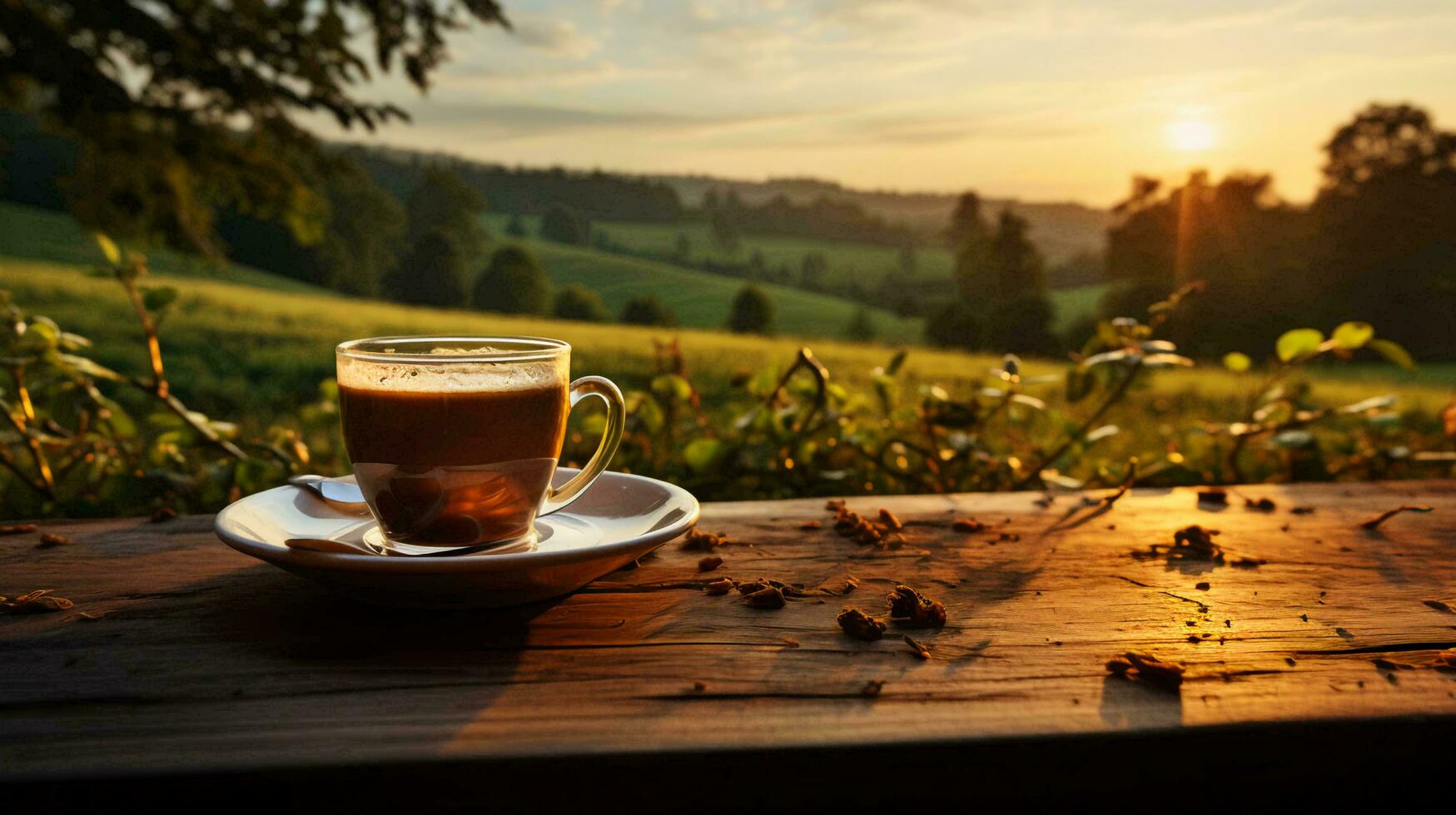 A cup of delicious coffee on a wooden table against the backdrop of nature at sunset photo