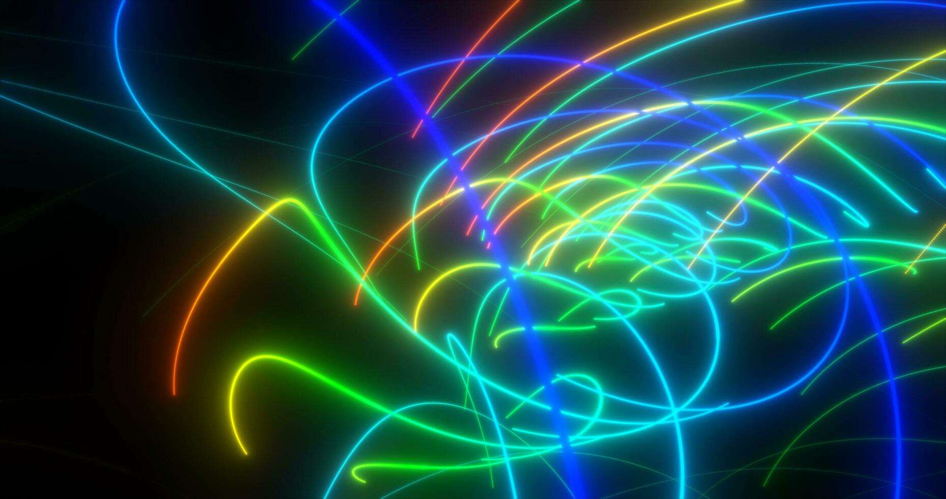 Abstract multi-colored rainbow neon energy laser lines flying on a black background photo