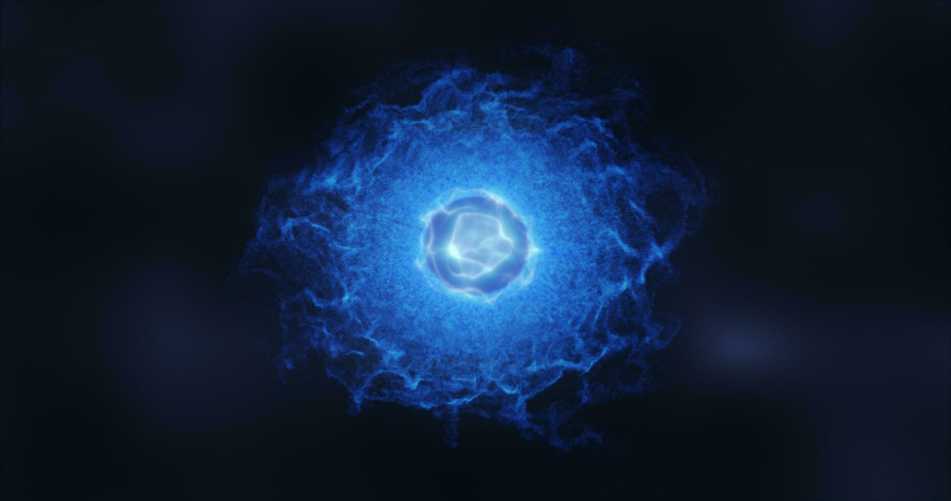 resumen esfera átomo con electrones volador brillante brillante partículas y energía magia campo, Ciencias futurista de alta tecnología antecedentes foto