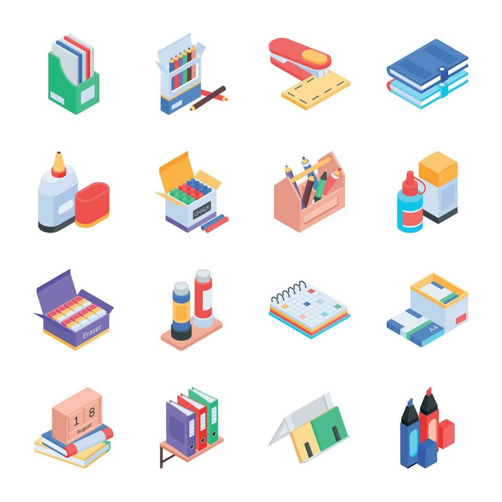 Collection of School Tools Isometric Icons vector