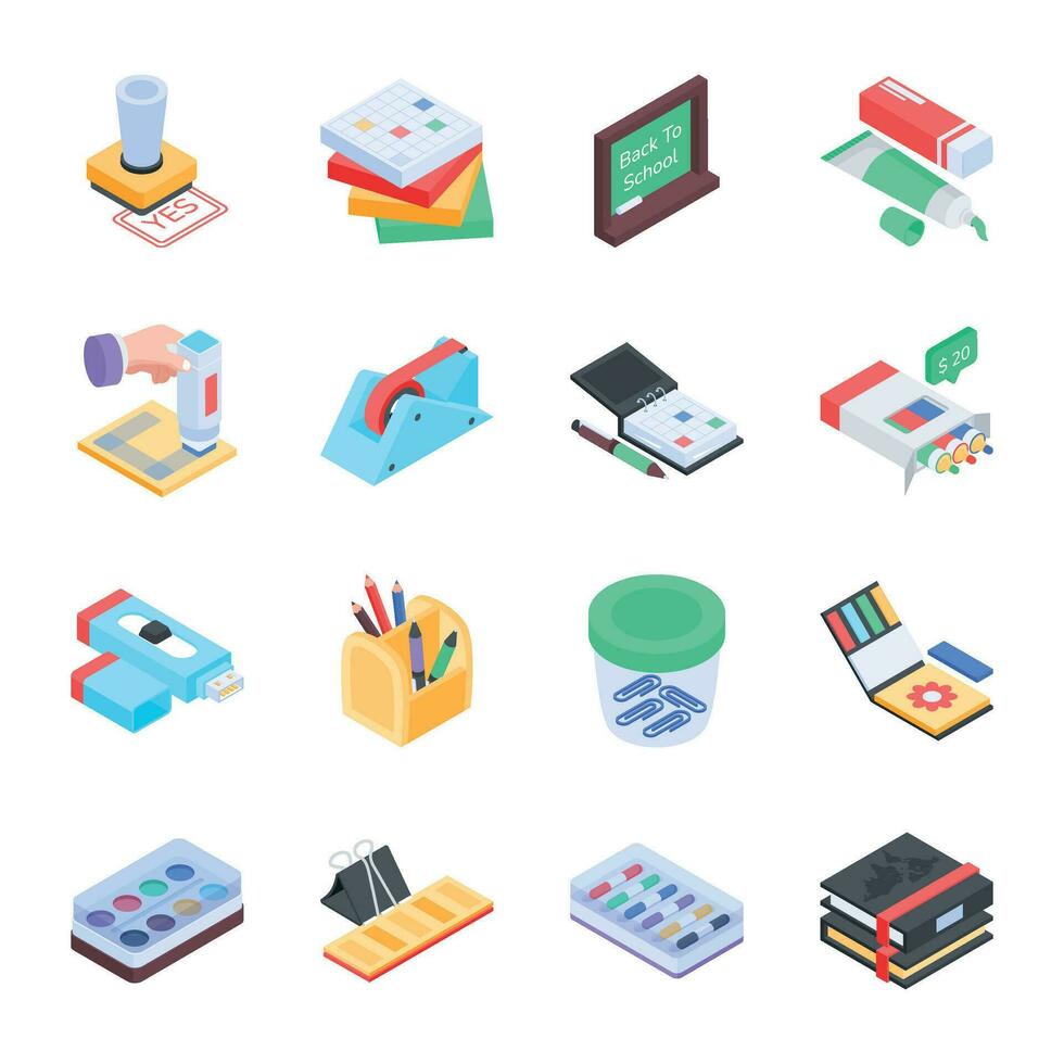 Bundle of School Equipment Isometric Icons vector