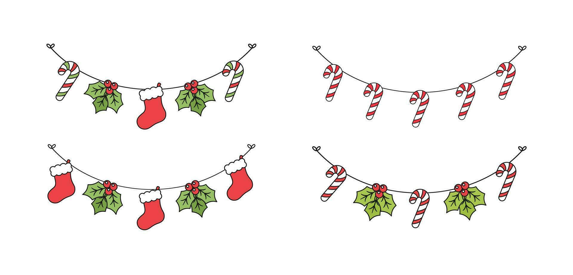 Set of Christmas and winter holiday decoration garland. Christmas decoration elements collection. Santa hat, stockings, mistletoe, ornaments, candy cane. Vector Illustration.