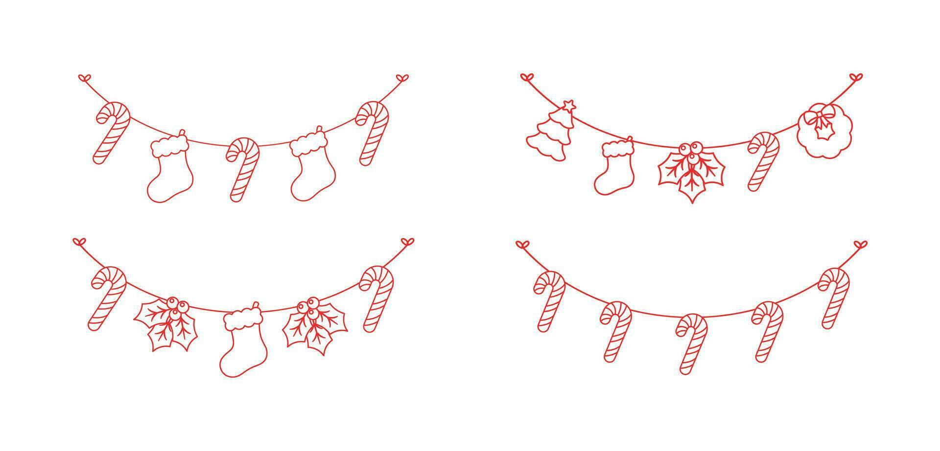 Set of Christmas and winter holiday decoration garland outline doodle. Christmas decoration elements collection. Santa hat, stockings, mistletoe, ornaments, candy cane. Vector Illustration.