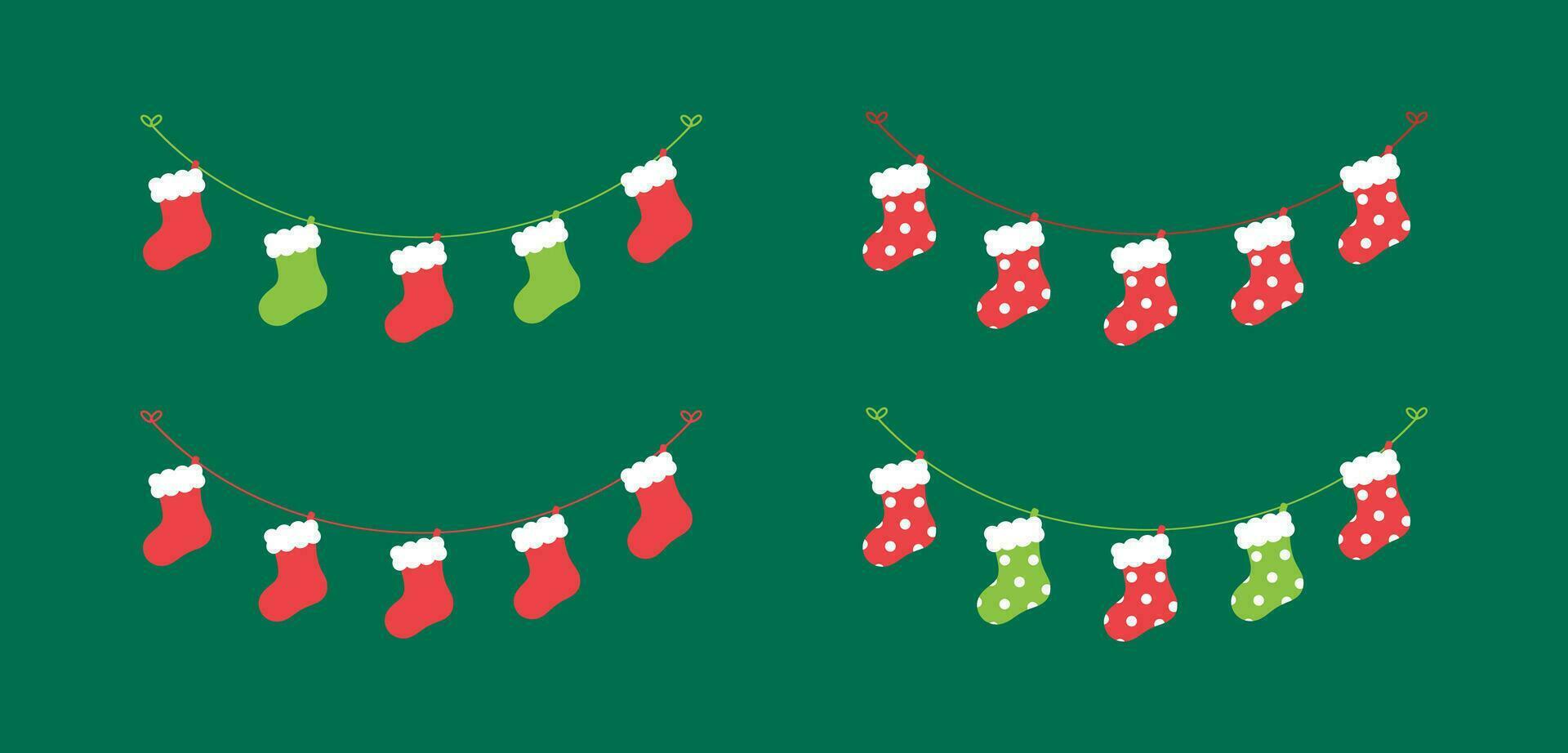 Set of Christmas and winter holiday decoration garland. Christmas decoration elements collection. Santa hat, stockings, mistletoe, ornaments, candy cane. Vector Illustration.