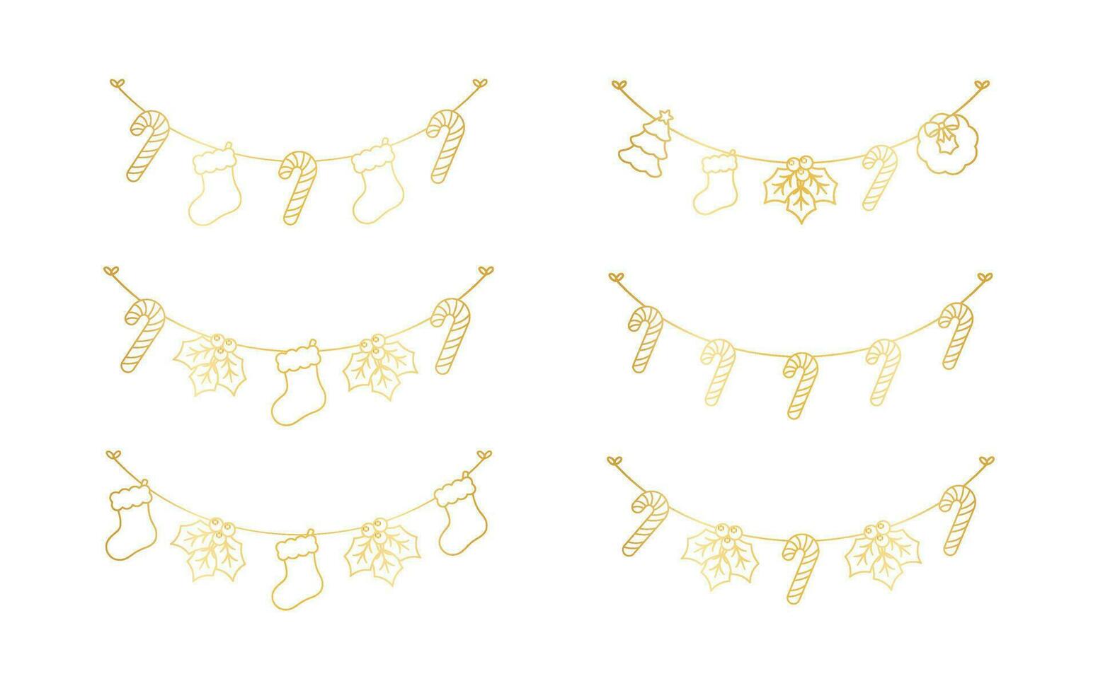 Set of gold Christmas and winter decoration garland outline doodle. Holiday decoration elements collection. Santa hat, stockings, mistletoe, ornaments, candy cane. Vector Illustration.