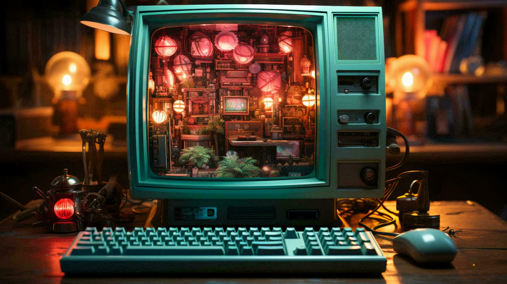 Old stylish vintage retro personal computer for video games and work poster from the 80s 90s photo