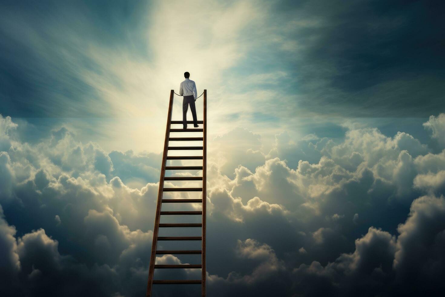 Businessman standing on ladder and looking at sky. Success and challenge concept, Choose right ladder to reach the goal, AI Generated photo