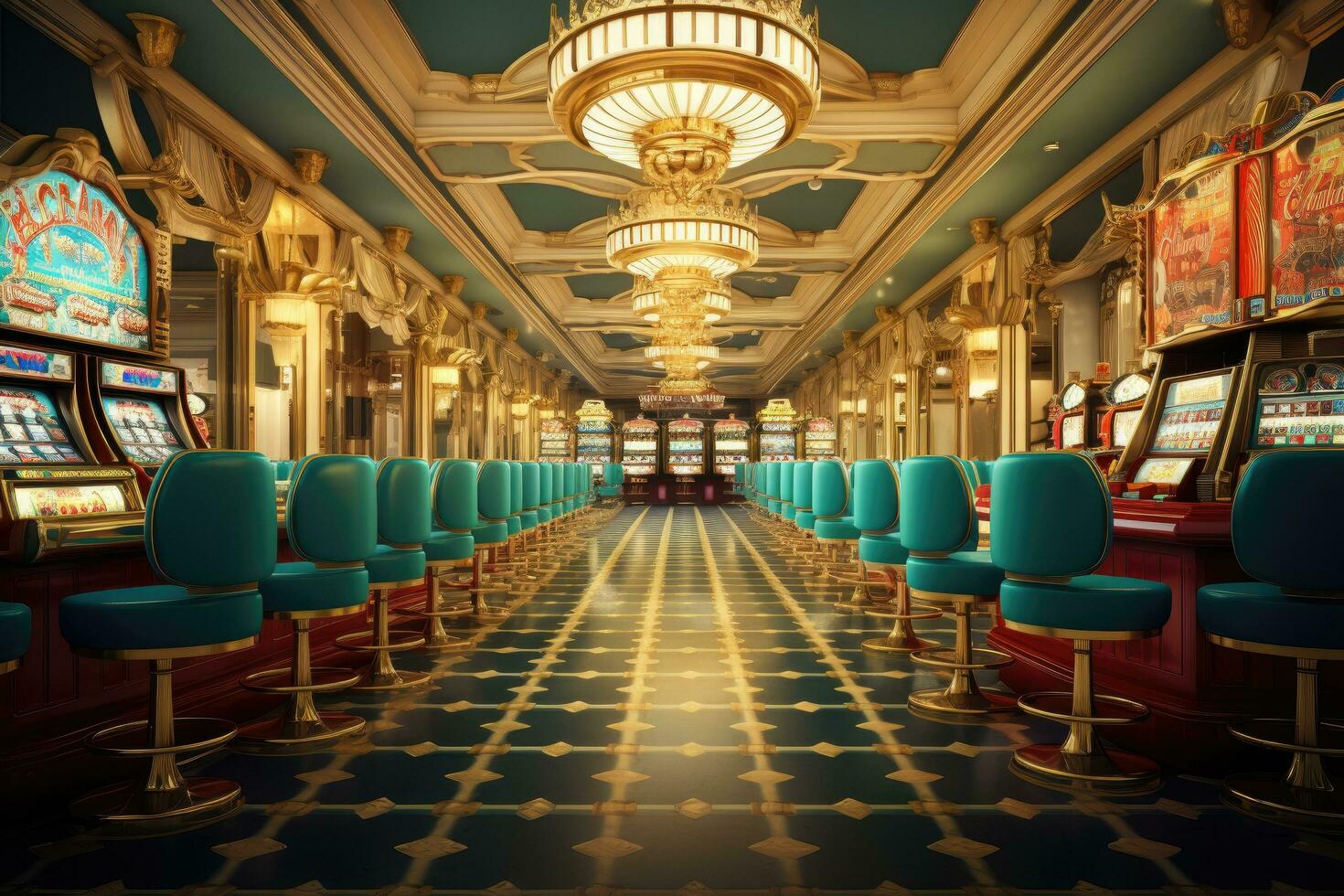 Luxury casino interior with slot machines, 3d render. Classic vintage american las vegas casino interior, AI Generated photo