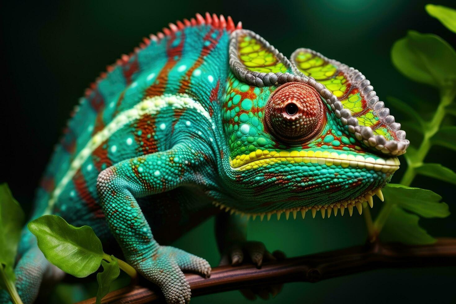 cerca arriba de un vistoso camaleón en un rama con hojas, cerca arriba de vistoso camaleón en verde hojas. fauna silvestre animal, ai generado foto