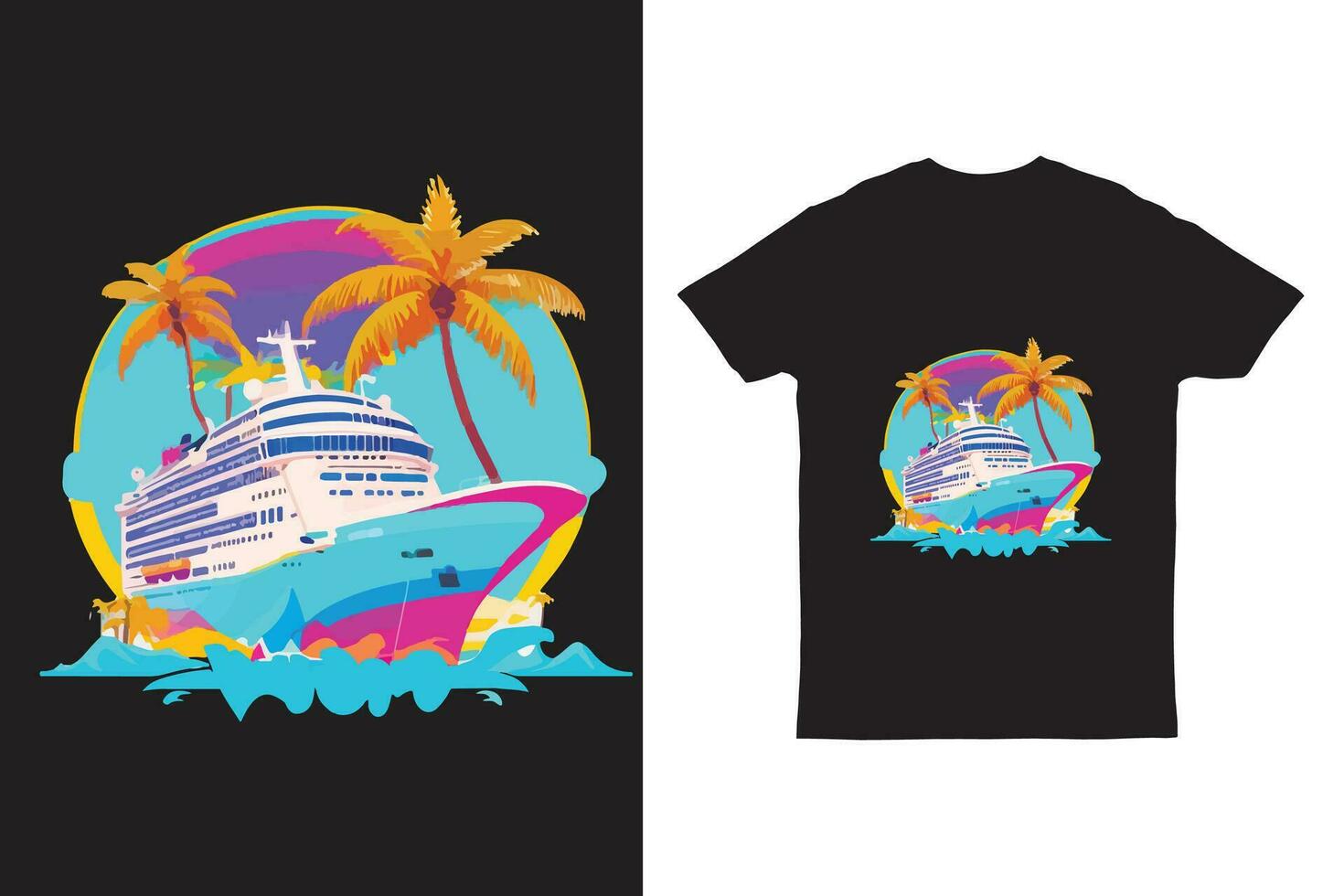 graphic t-shirt illustration of Palm Tree, Cruise ship  vibrant colors. vector art.