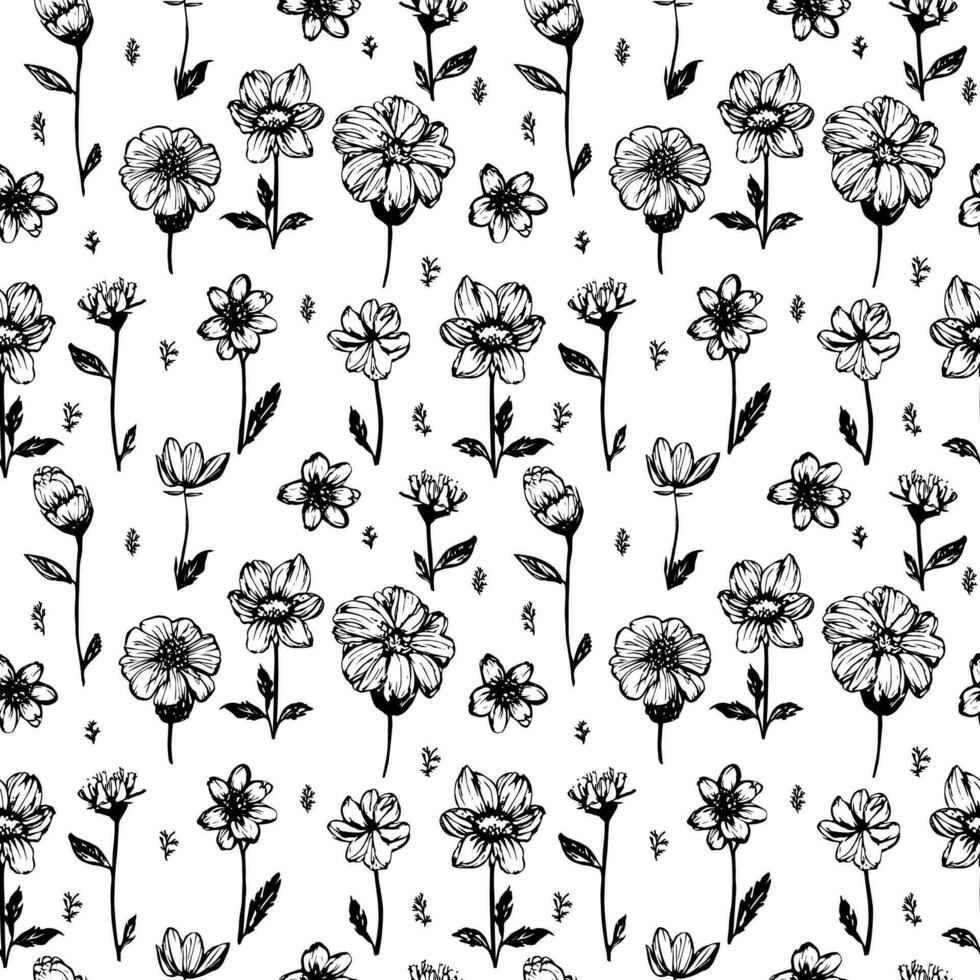 Simple flowers drawn by a liner, seamless flowers pattern vector