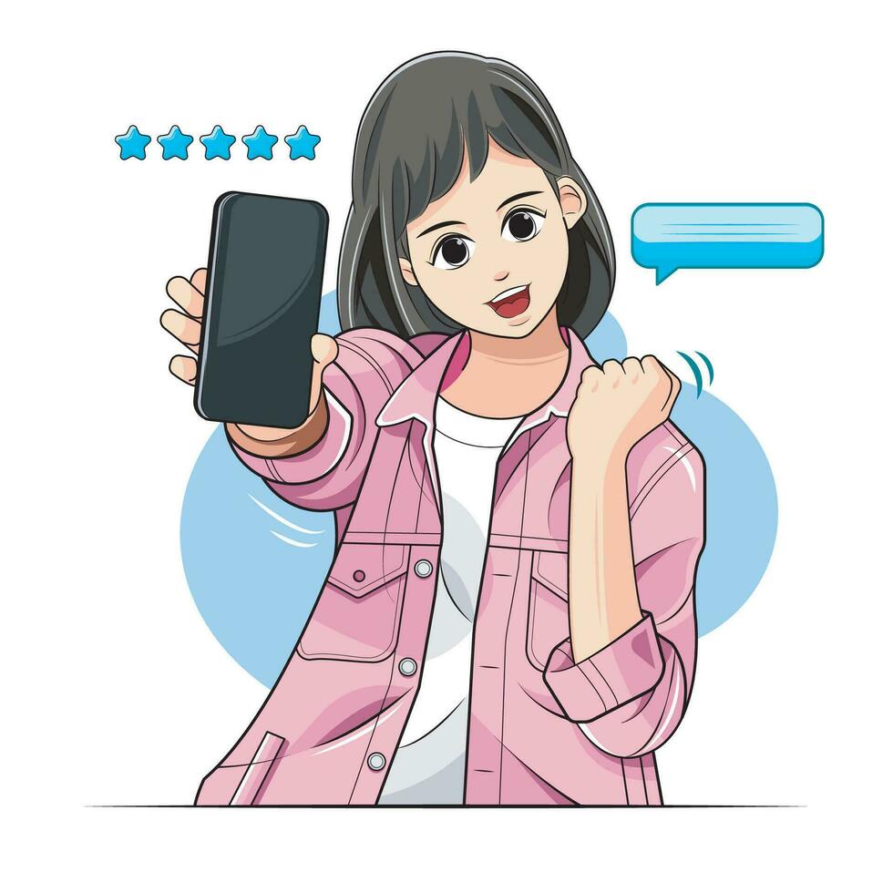 cliente revisar. un joven niña es contento a obtener un revisión resultado y espectáculo un vacío inteligente teléfono. vector ilustración gratis descargar