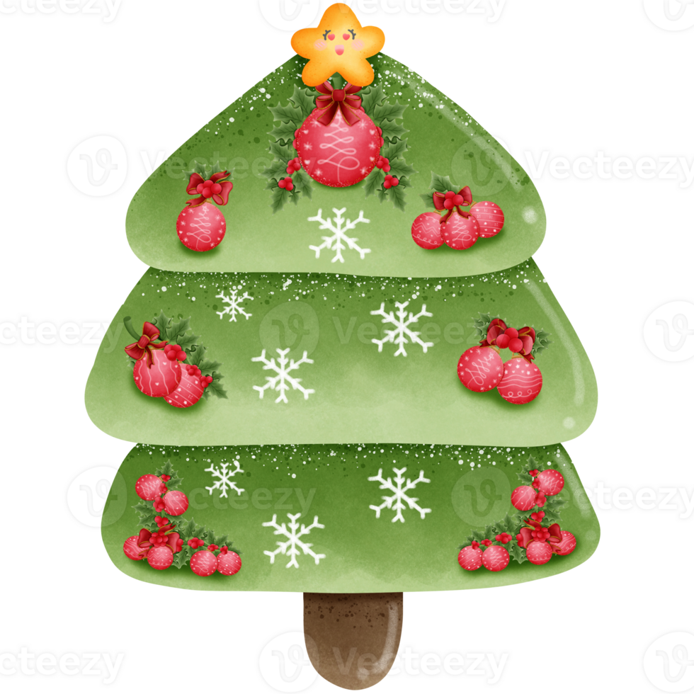 christmas tree with ball snow and star on top isolated on transparent background png
