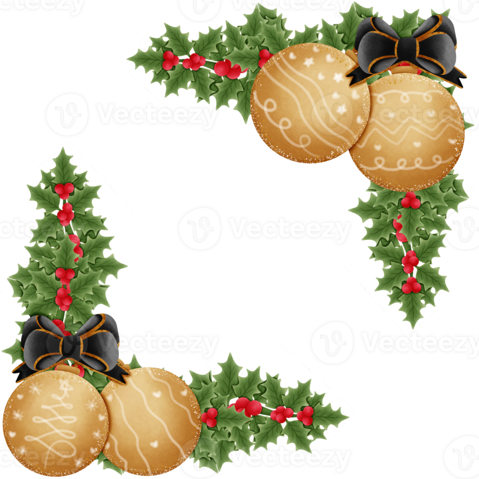 Golden christmas ball with black bow red holly berries and green leaves isolated on transparent background png