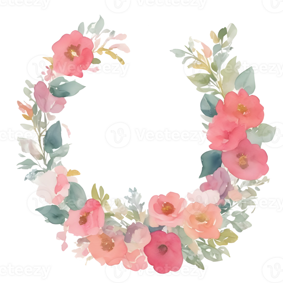 Pink flower watercolor flower wreath AI generated png