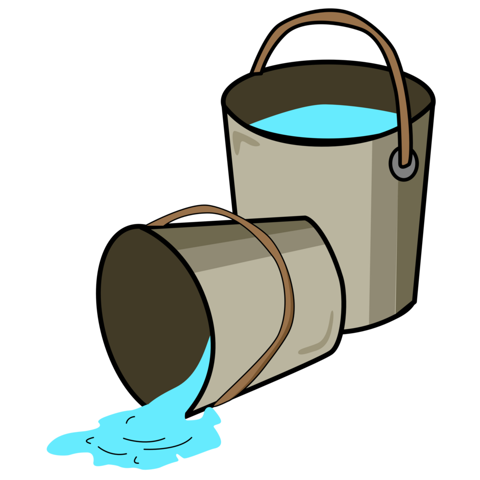 Cartoon two buckets that fell and splashed out of them water, png