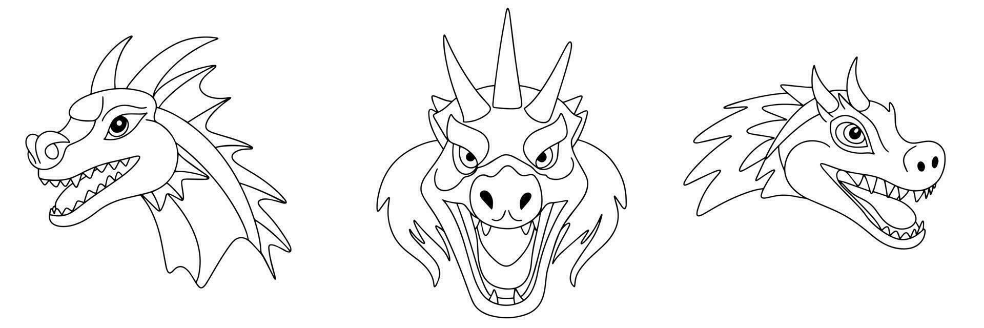 Doodle dragon's head. Set of dragon head outline. Hand drawn dragon's heads in doodle style. Vector illustration.