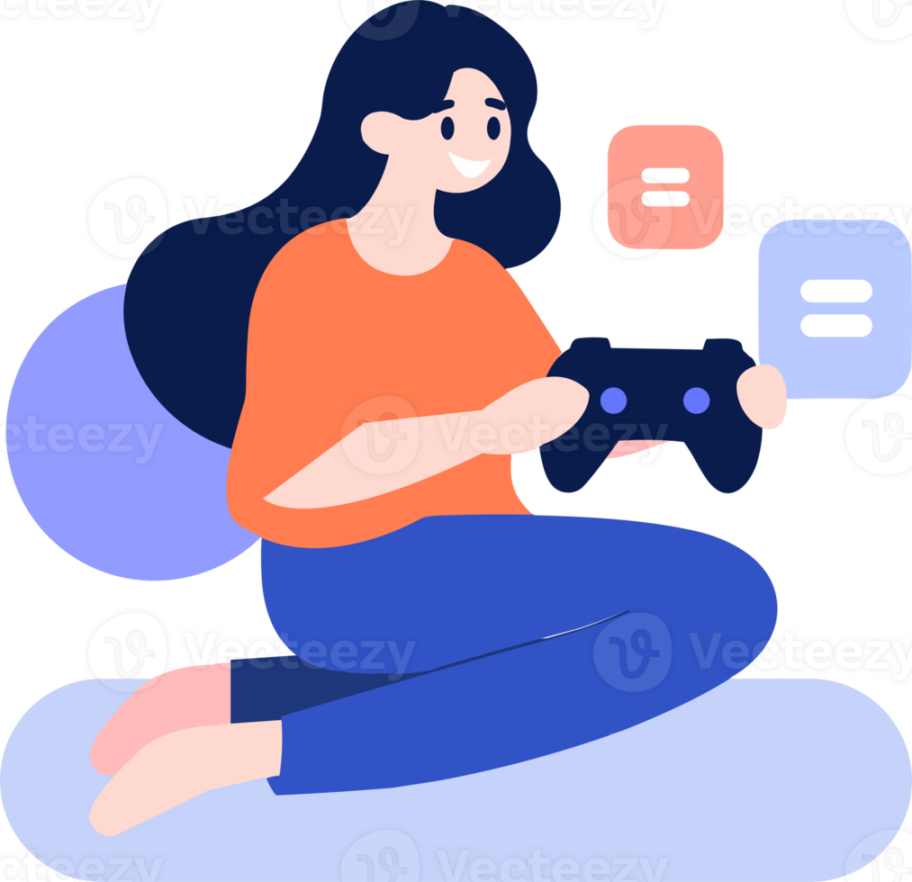 Hand Drawn child character playing game in flat style png