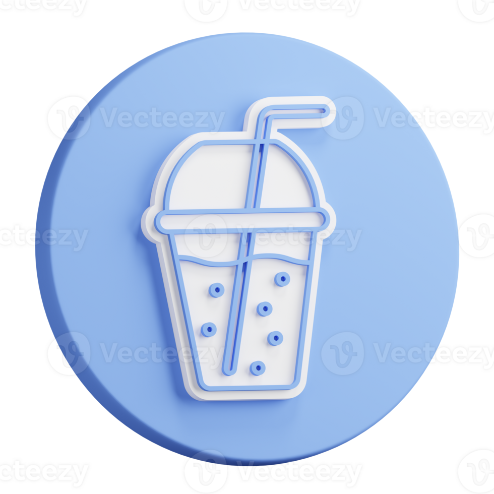 3D button rendering of glass of smoothie with straw and lid. Refreshing fruit drinks in hot summer. Realistic blue white PNG illustration isolated on transparent background