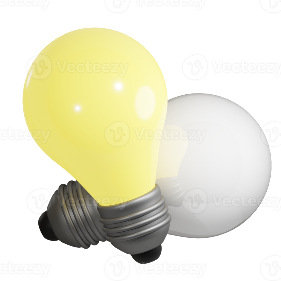3D rendering of Light bulbs glowing yellow light and extinguished not working. Symbol of ideas, inspiration, teamwork. Garland element. Realistic PNG illustration isolated on transparent background