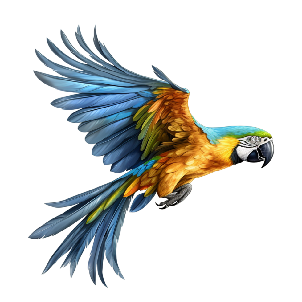 un loro con azul y amarillo plumas es volador en el aire guacamayo loro ai generativo png