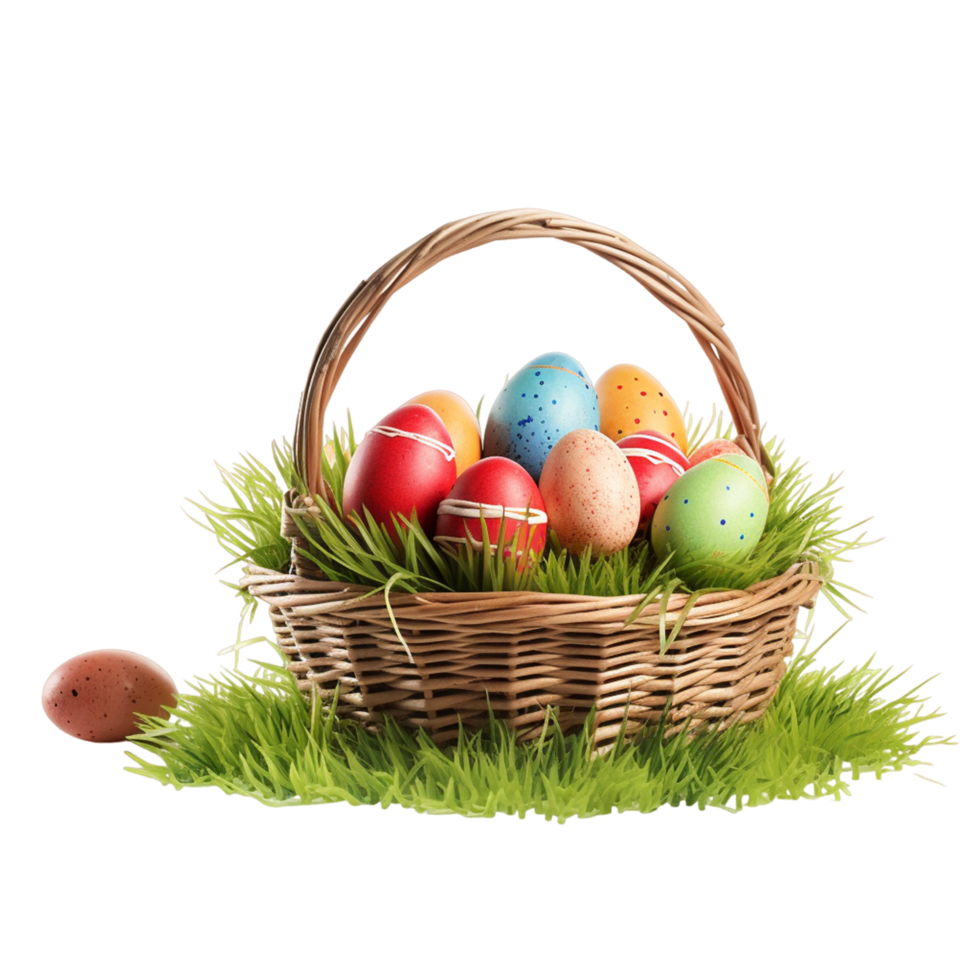 Easter eggs in a basket basket standing on green grass ai generative png