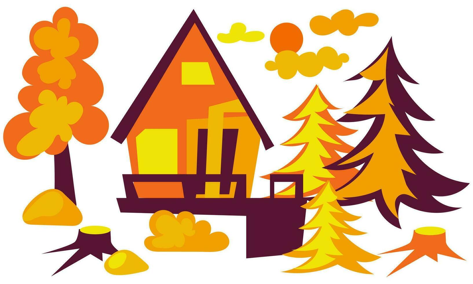 Modern house in the autumn forest. Vector illustration in a flat style on a white background in bright colors. Sunlight, Christmas trees, trees, stumps in an abstract illustration. Set of stickers