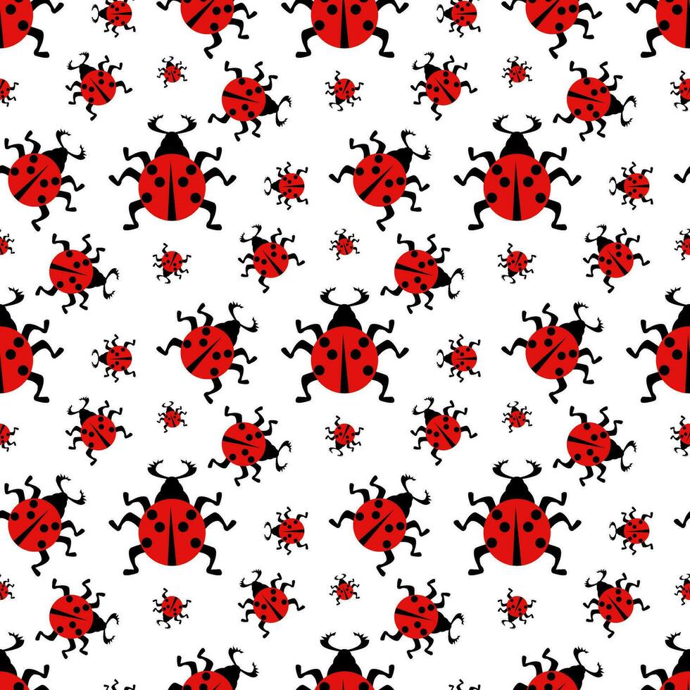 Seamless pattern with red ladybugs on a white background. Vector flat illustration. Abstract, geometric insect with legs and wings in different sizes are spreading in different directions