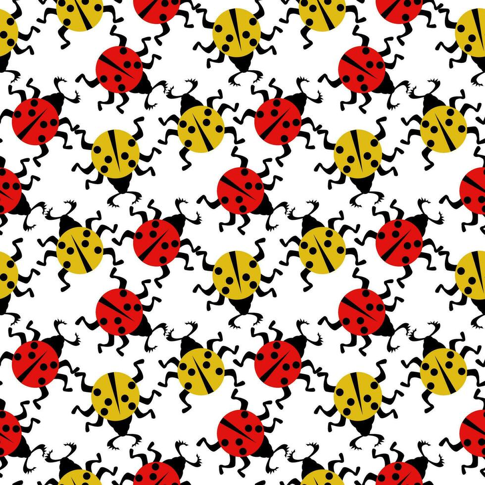 Seamless pattern with yellow and red ladybugs on a white background. Vector flat illustration. Abstract, geometric insect with legs and wings in dots, spreading in different directions