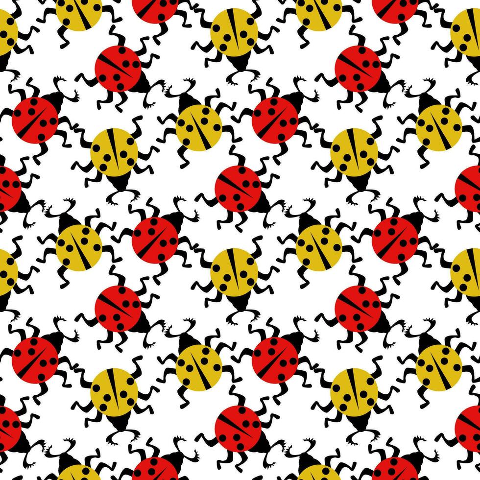 sin costura modelo con amarillo y rojo mariquitas en un blanco antecedentes. vector plano ilustración. abstracto, geométrico insecto con piernas y alas en puntos, extensión en diferente direcciones