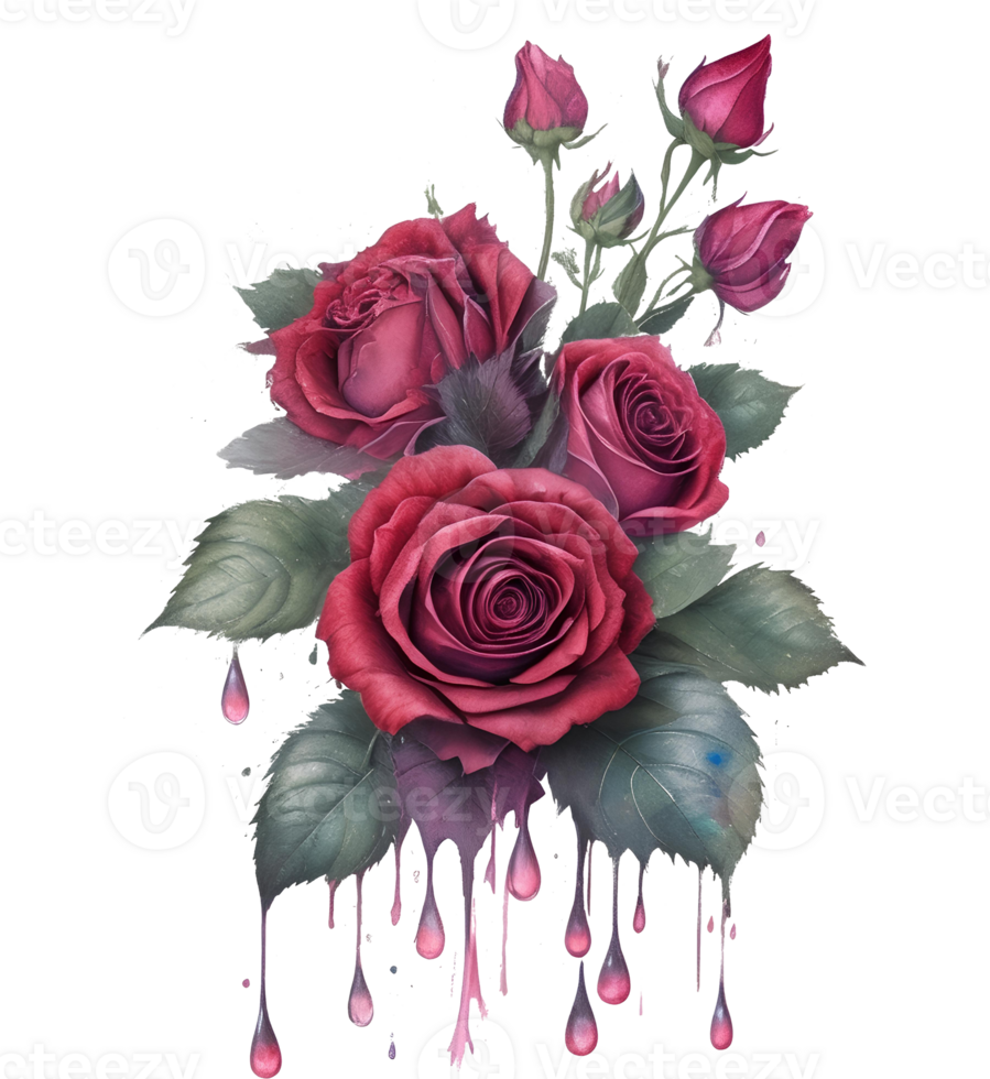 Watercolor illustration of a bouquet of roses with drops of water. AI GENERATIVE png