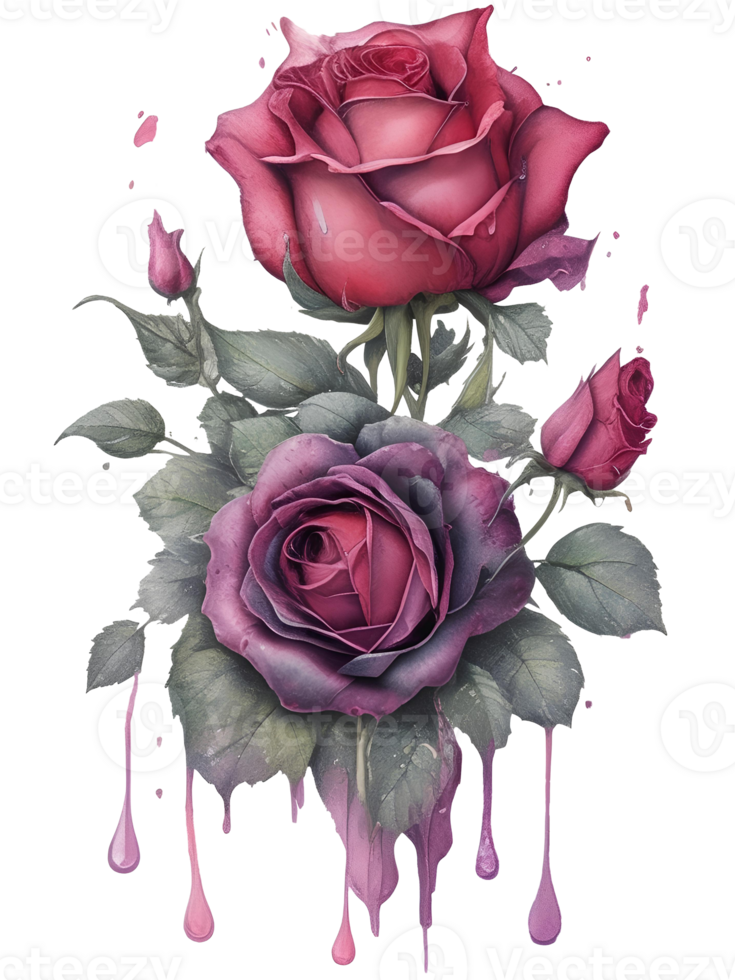 Watercolor illustration of a bouquet of roses with drops of water. AI GENERATIVE png