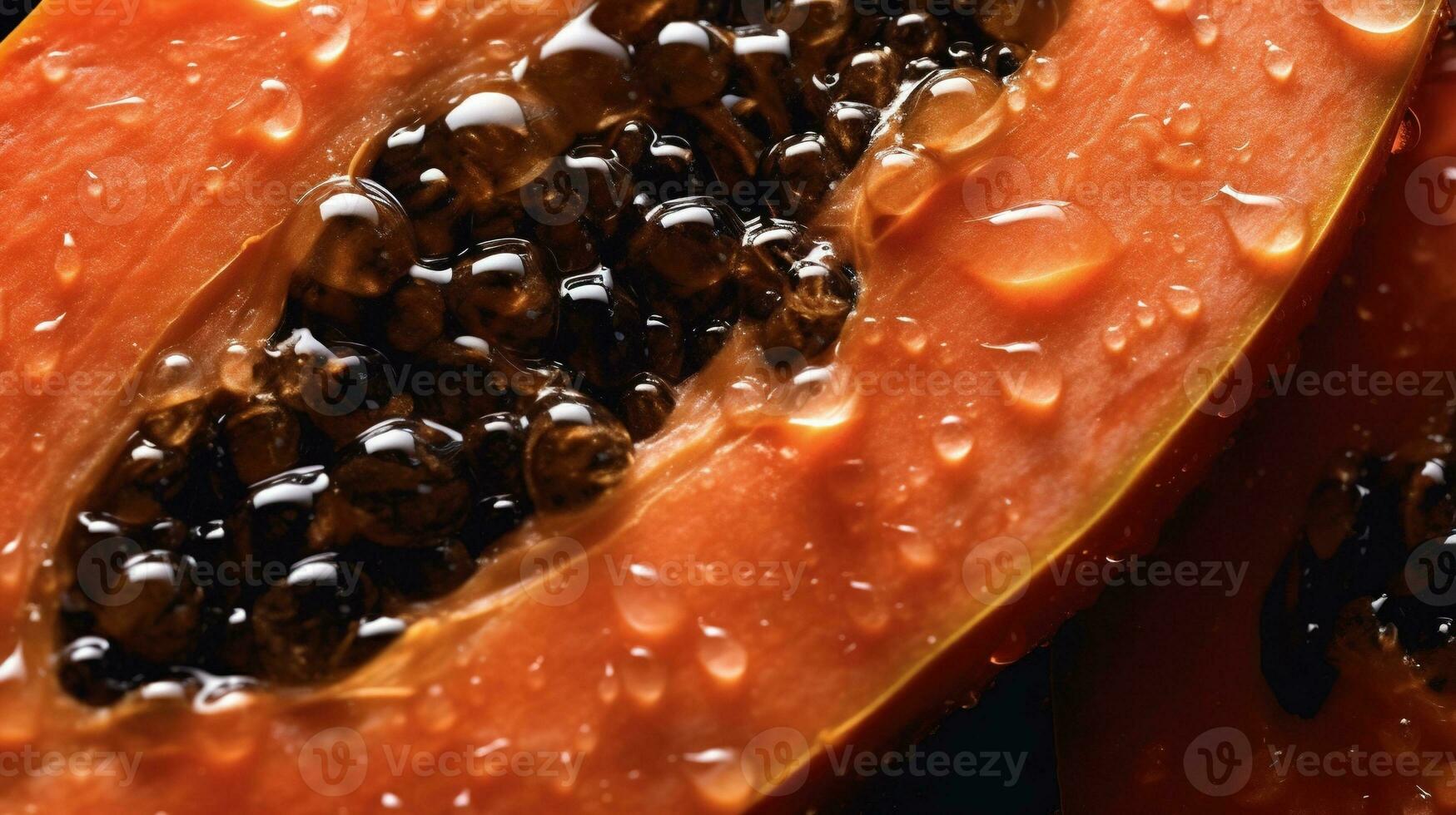 Generative AI, Macro Fresh half of papaya fruit background. Tropical exotic closeup photo with drops