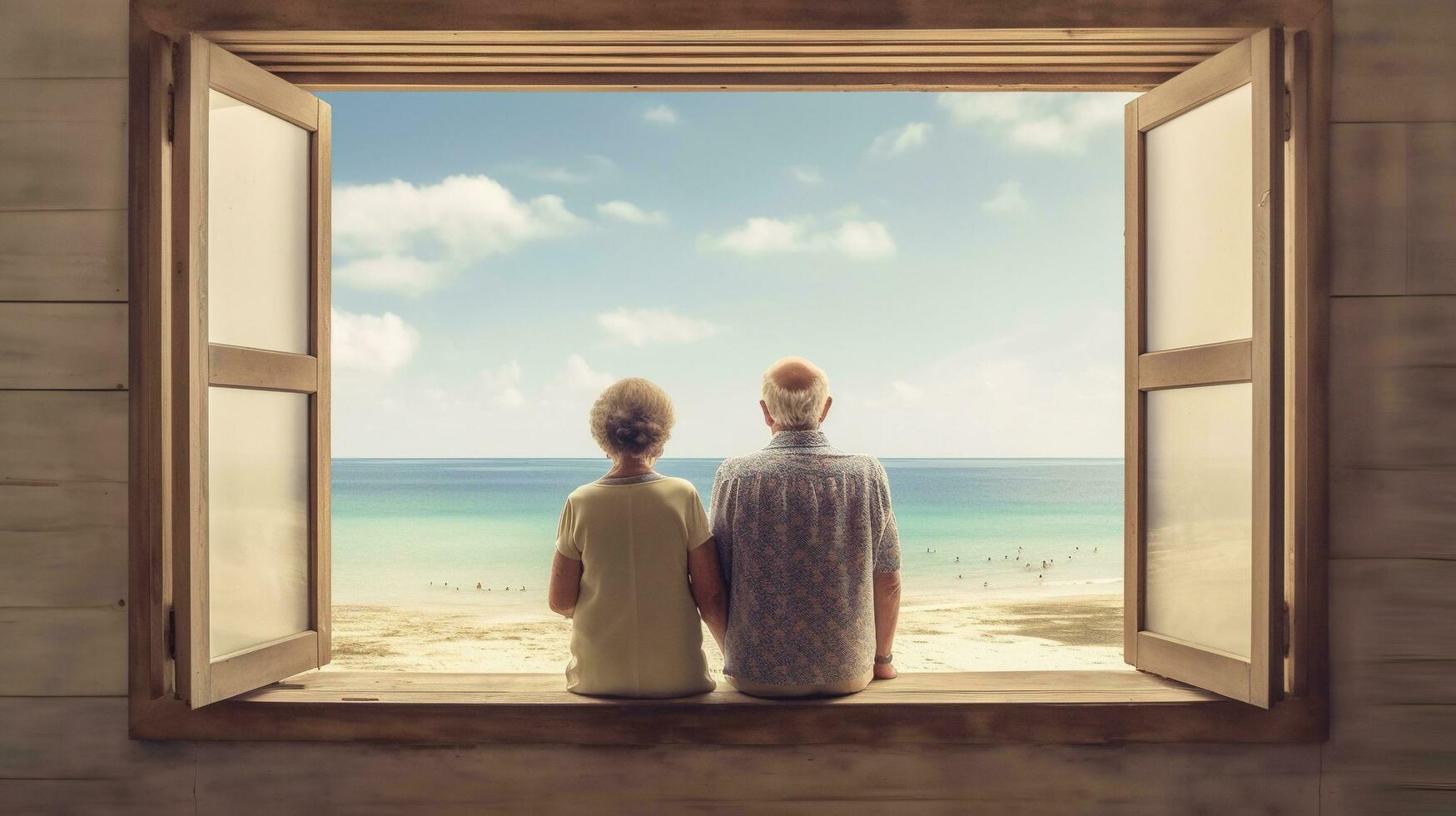 Generative AI, A senior couple looking to the ocean or sea, having fun at the beach photo