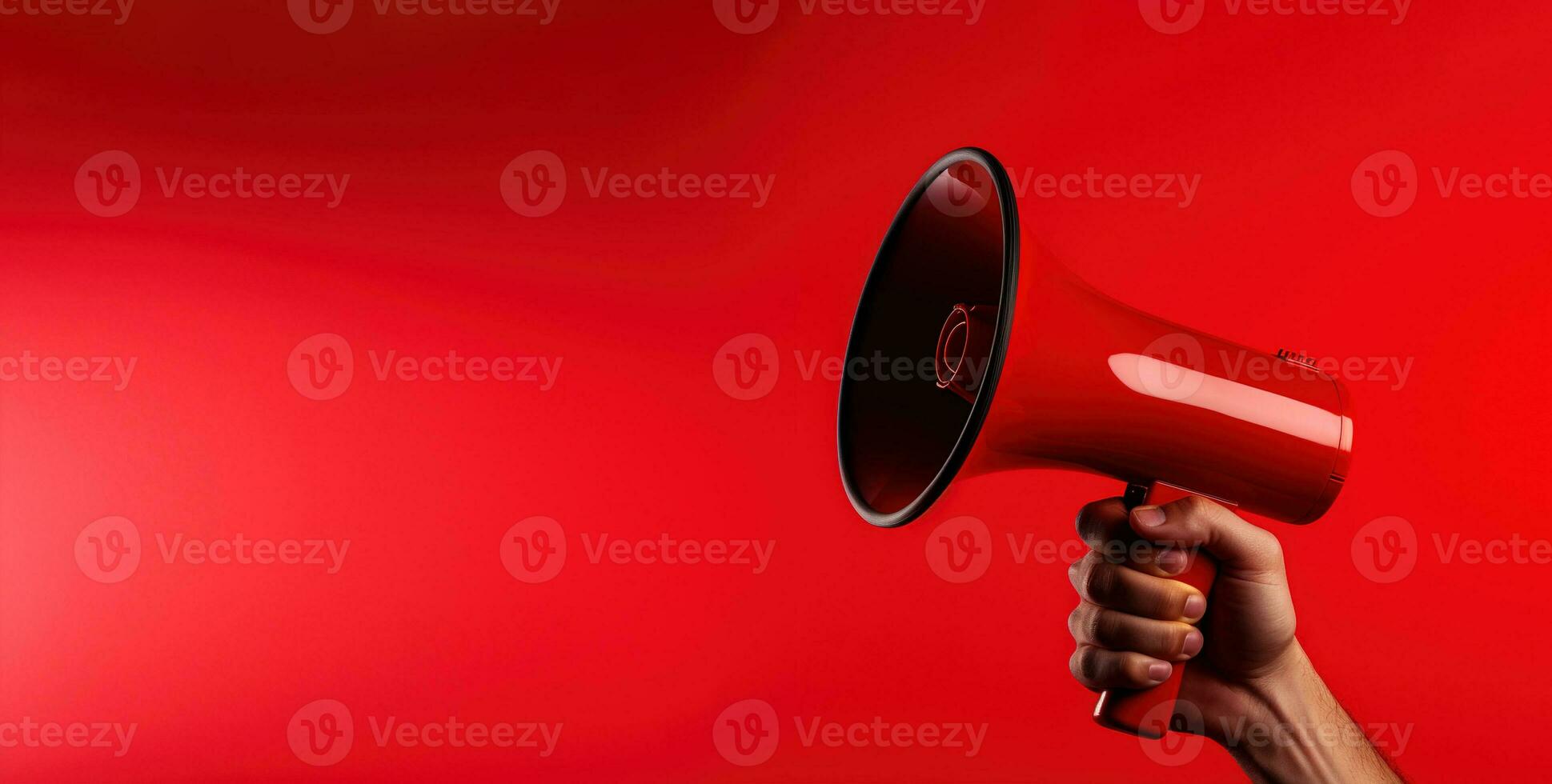 Generative AI, megaphone in hand on a empty red background, panoramic image with copy space photo
