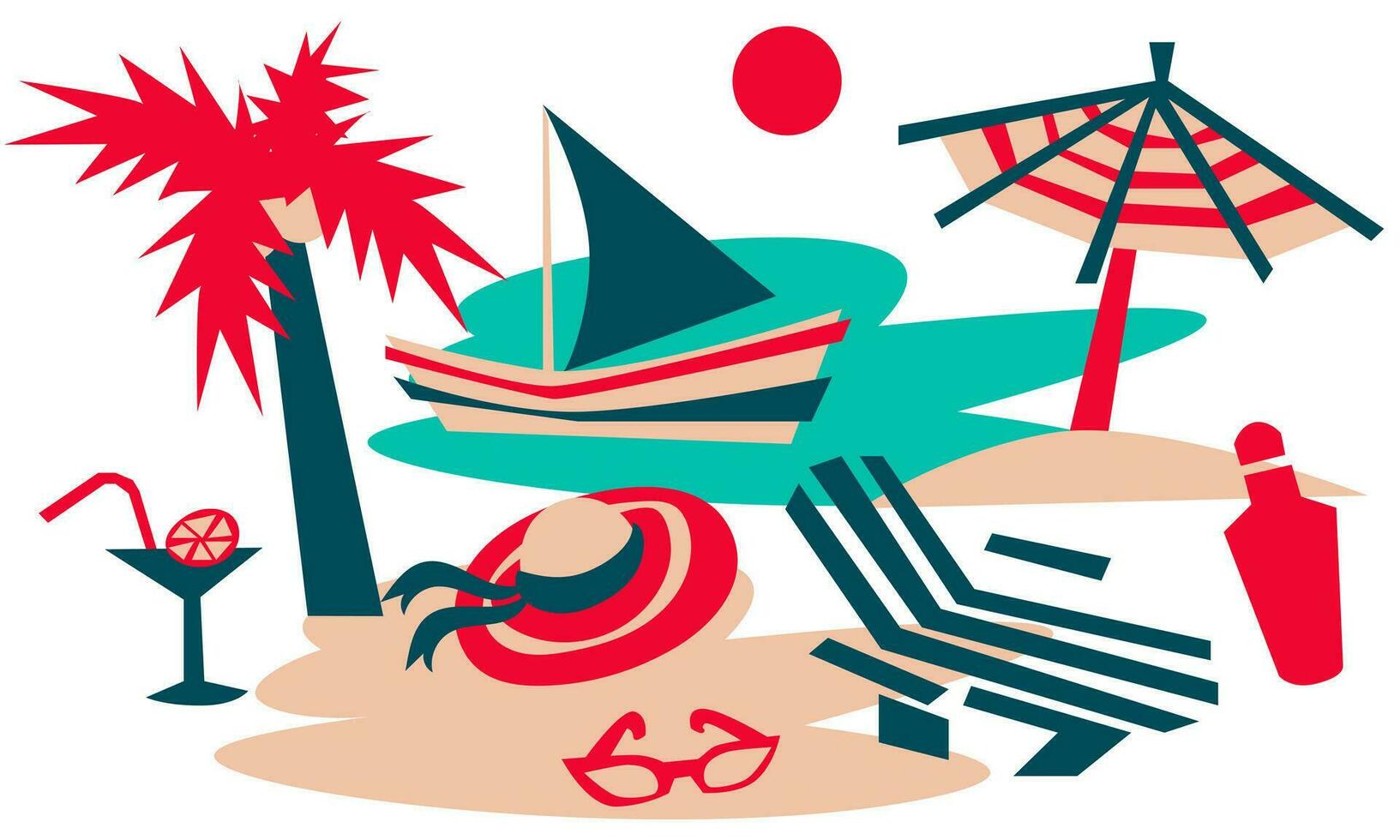 verano playa colocar, vacaciones en el riviera. resumen atributos de relajante a mar, Gafas de sol, sombrillas, coche postal largo, bote, sombrero, cóctel, atardecer, playa, palma árbol. vector conjunto para verano Días festivos