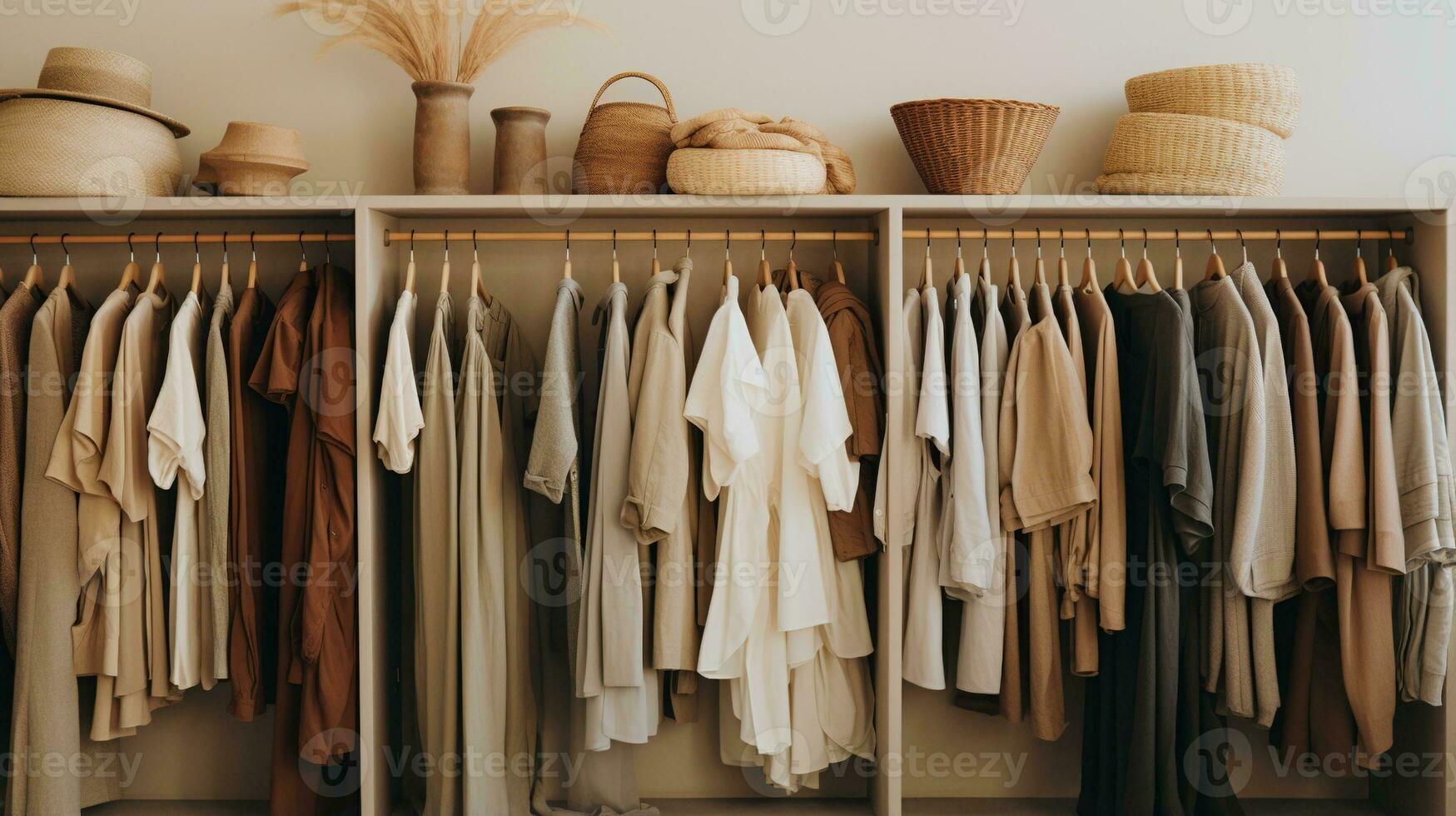 Generative AI, Cloth store aesthetic background, photo of clothes hanging on hangers, muted neutral colors