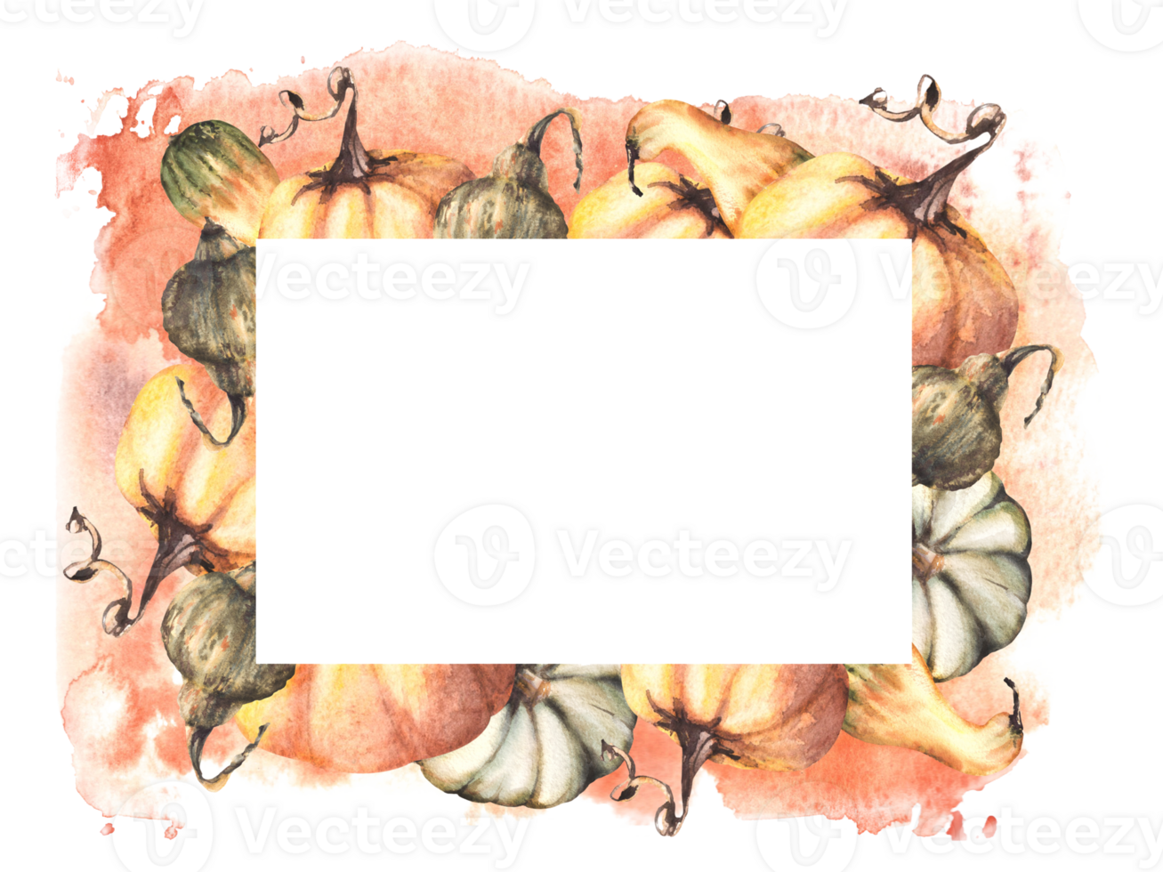Fall pumpkins frame Autumn vegetables harvest. watercolor illustration  with aquarelle stains. design for halloween, thanksgiving, invitation, prints, flyers, greeting card png