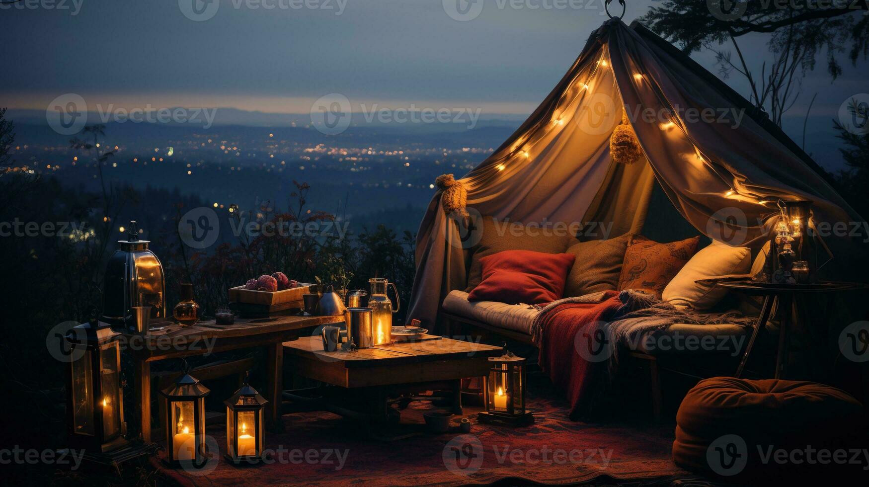 Generative AI, romantic camping with lantern lights, pillows, blanket. City view in the evening photo