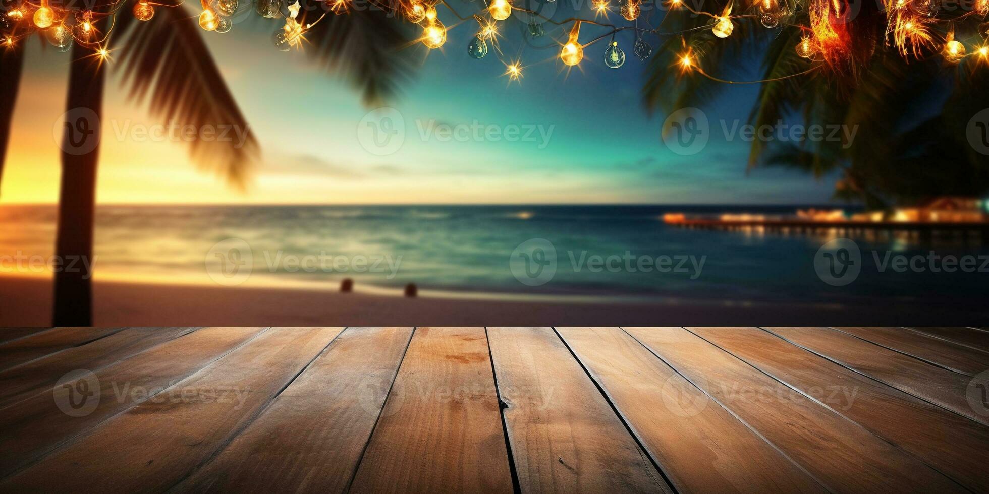 Generative AI, Tropical summer sunset beach bar background. Wooden table top product display showcase empty stage. photo