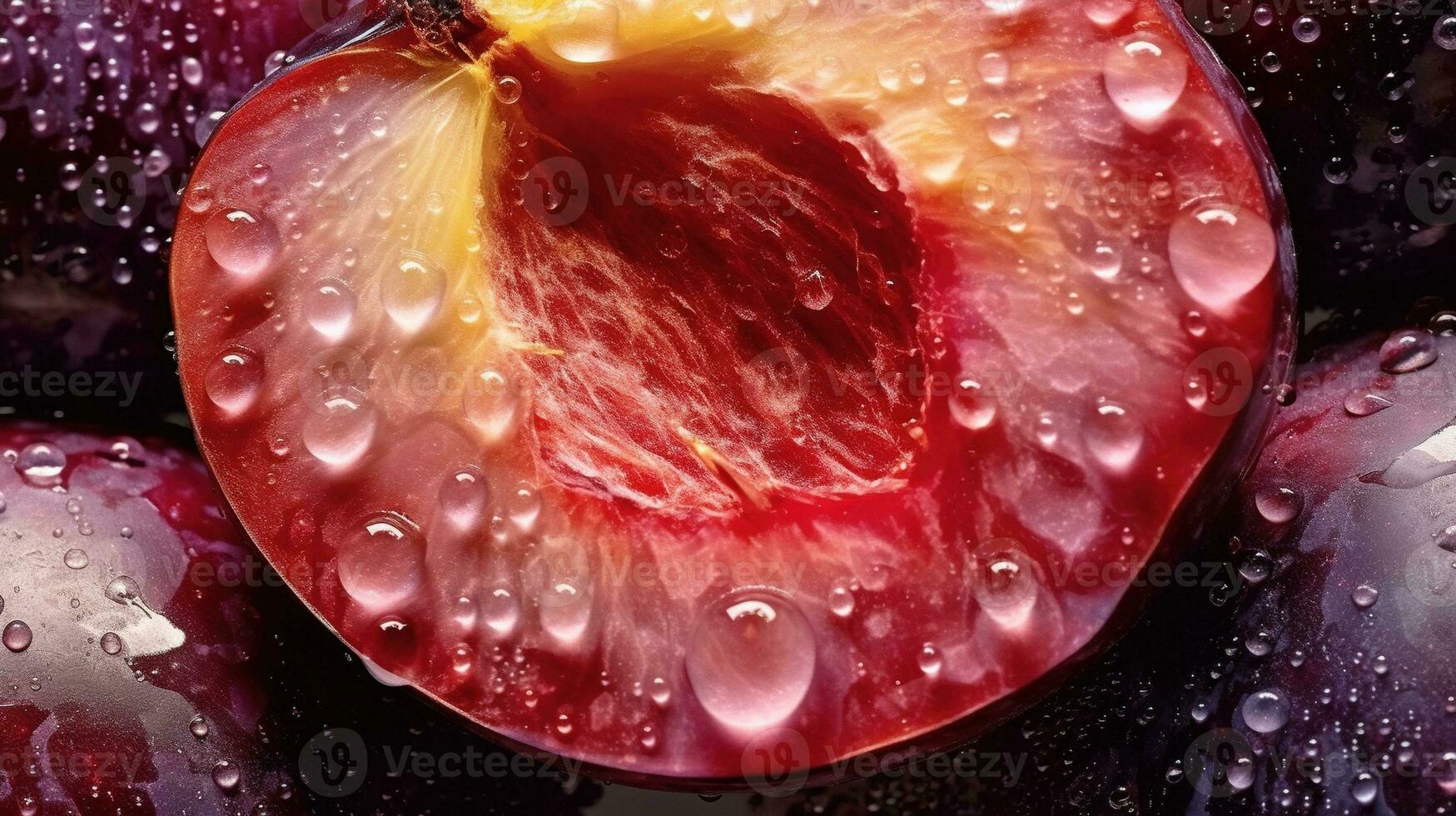 Generative AI, bright slice of juicy ripe plum and water drops, macro of summer fruit photo