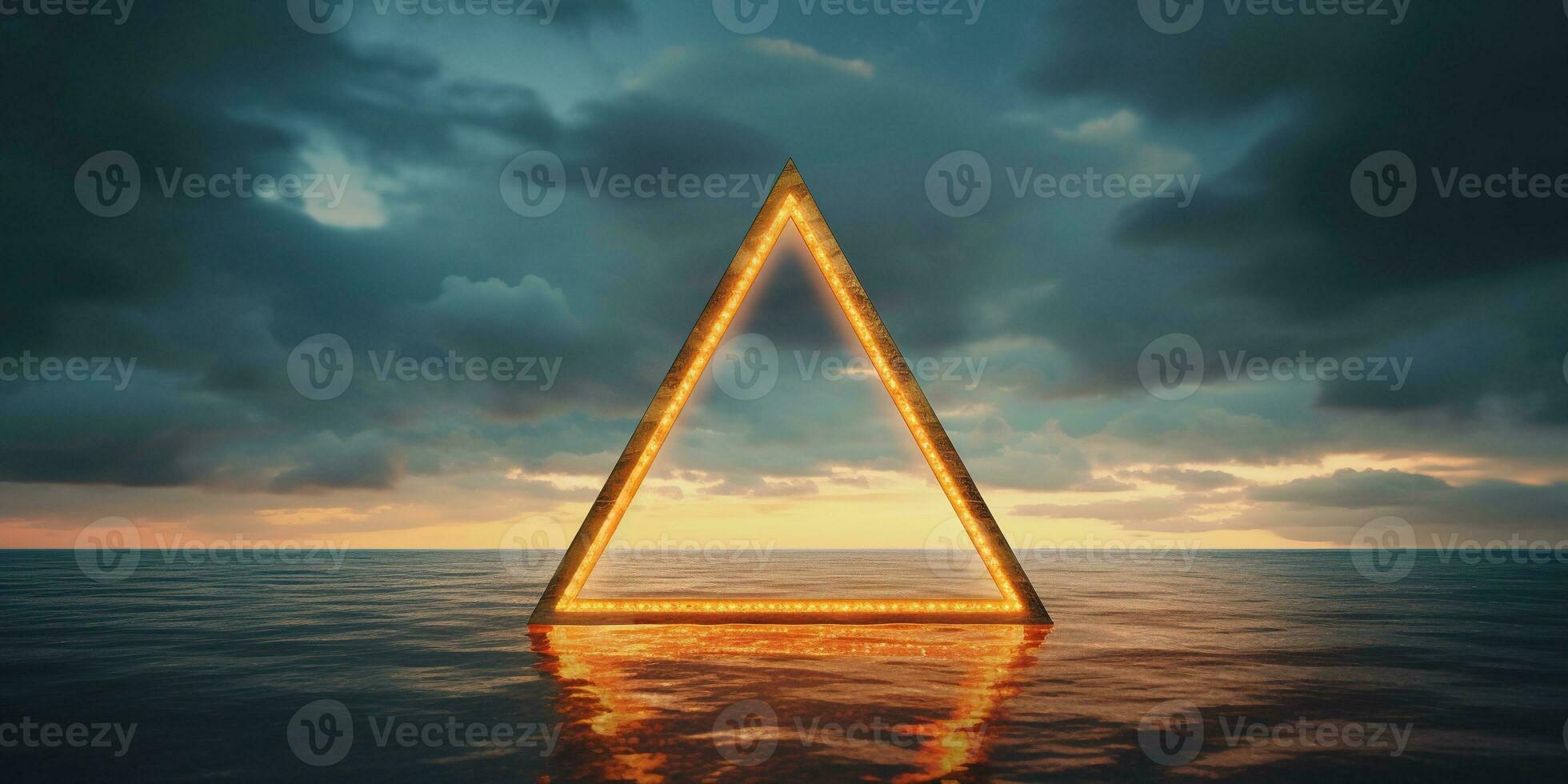 Generative AI, abstract geometric background, clouds, sea and glowing neon triangular frame. Minimal futuristic seascape with reflection in the water. photo