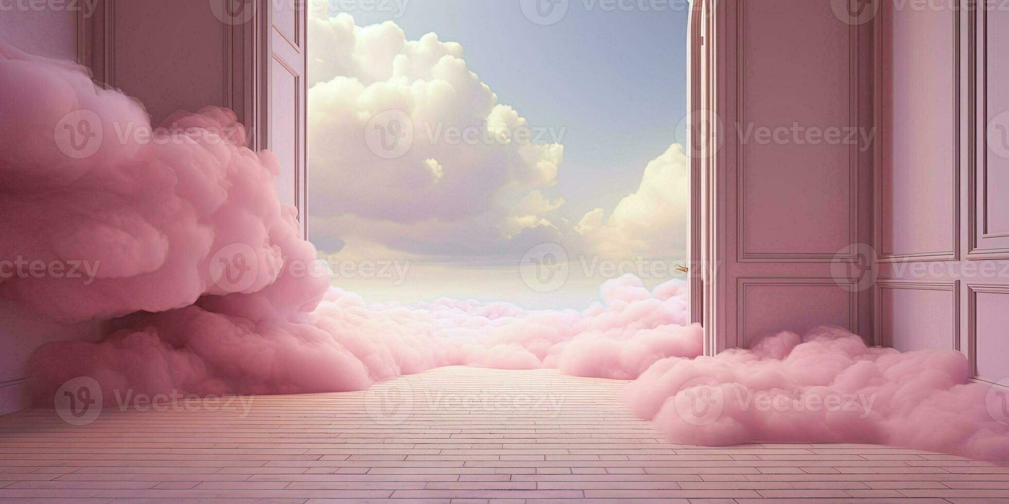 Generative AI, Pink magenta fantastic 3d clouds in the room interior, sky and landscape. Gentle colors and with bright lights. photo