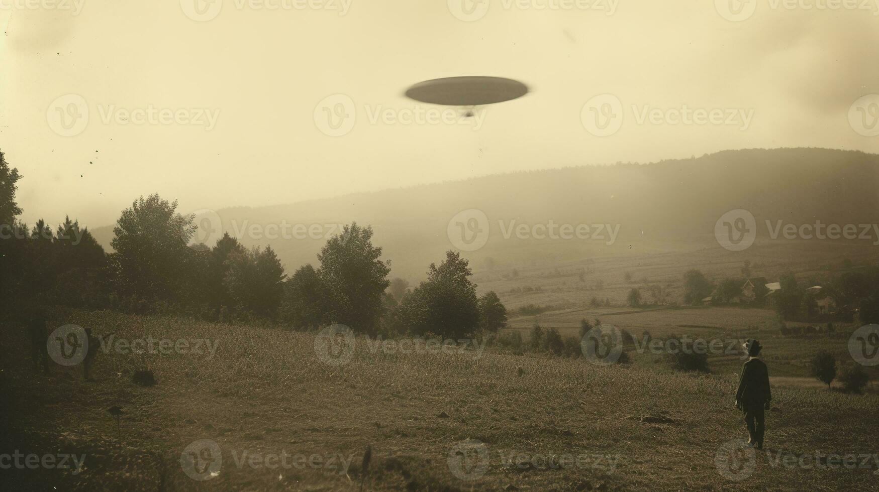 Generative AI, UFO over the Italian landscape vintage photo, aliens witnesses retro 1930s style photography photo